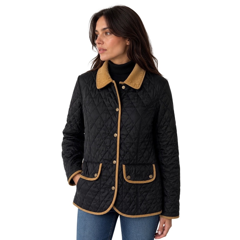 Barbour Quilted Jacket Womens 10 Black Corduroy Trim Equestrian Barn Chore Coat
